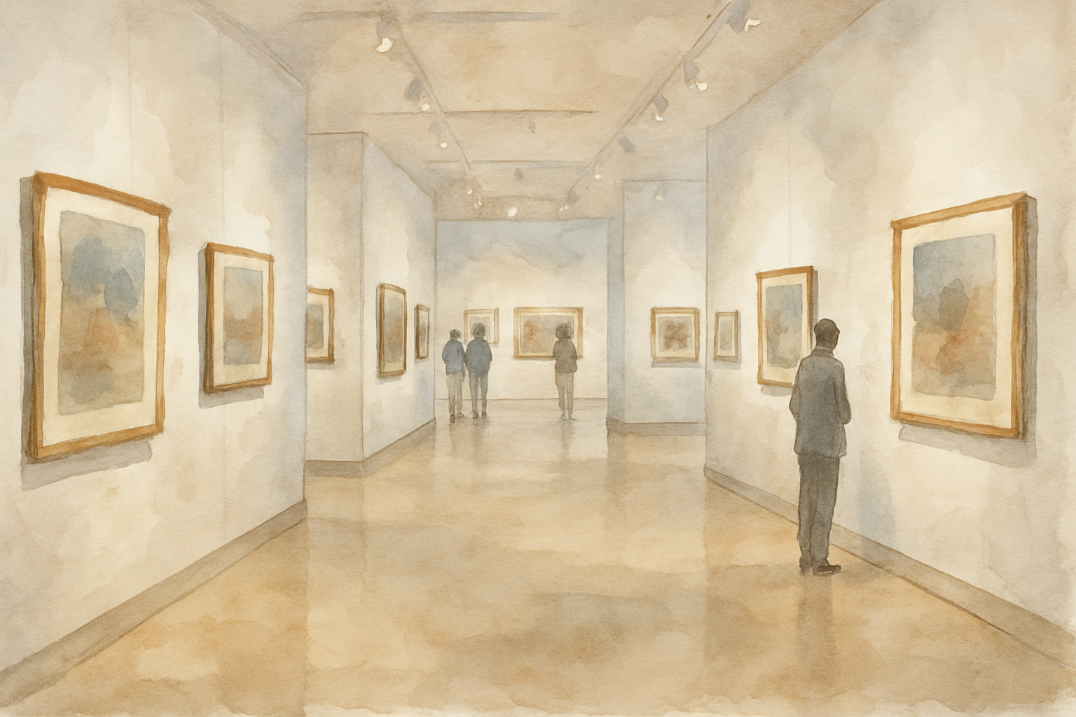 et akvarel maleri af et galleri-udstilling af billedekunst, beige farvet gulv, hvide vægge